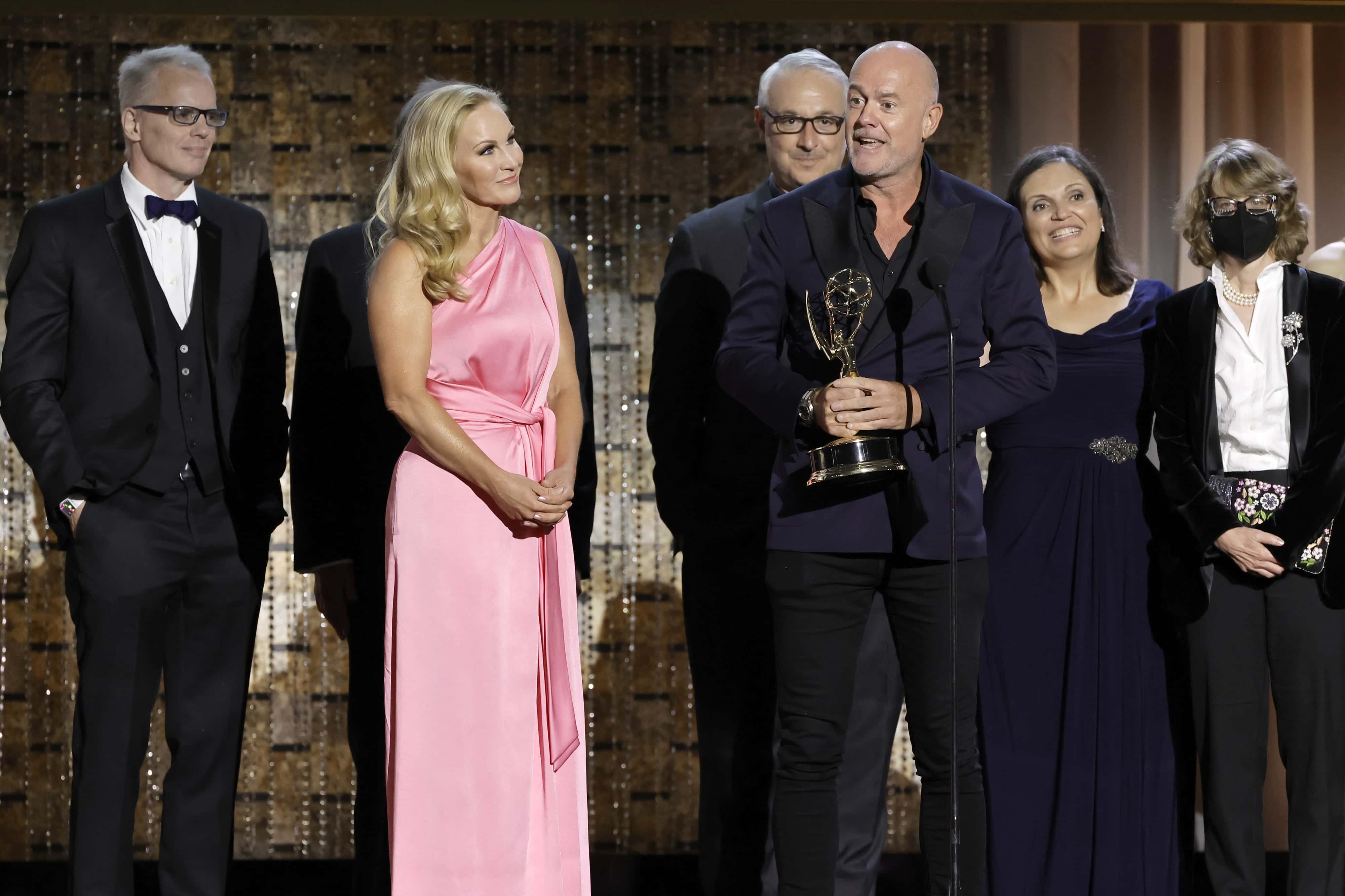 PASADENA, CALIFORNIA - JUNE 24: Michael Davies and crew from Jeopardy accept the award for Outstanding Game Show onstage during the 49th Daytime Emmy Awards at Pasadena Convention Center on June 24, 2022 in Pasadena, California. (Photo by Kevin Winter/Getty Images)
