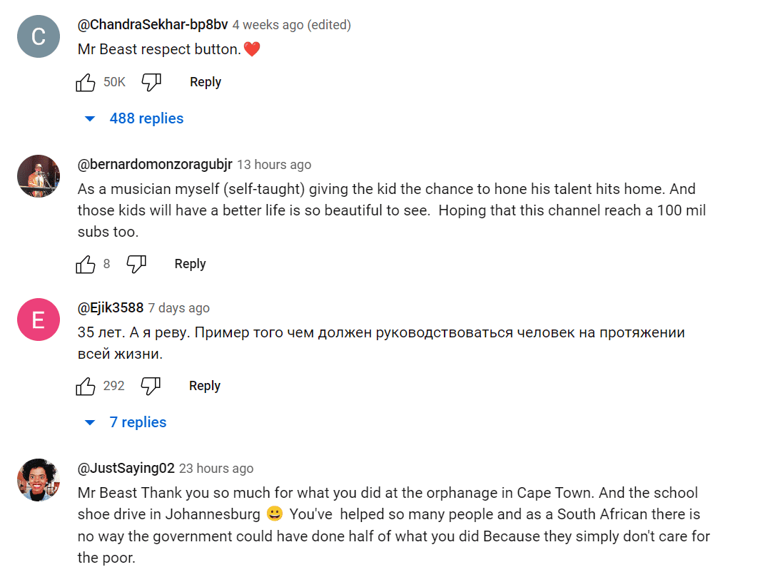 A screenshot of some comments on the video (@BeastPhilanthropy/Youtube)