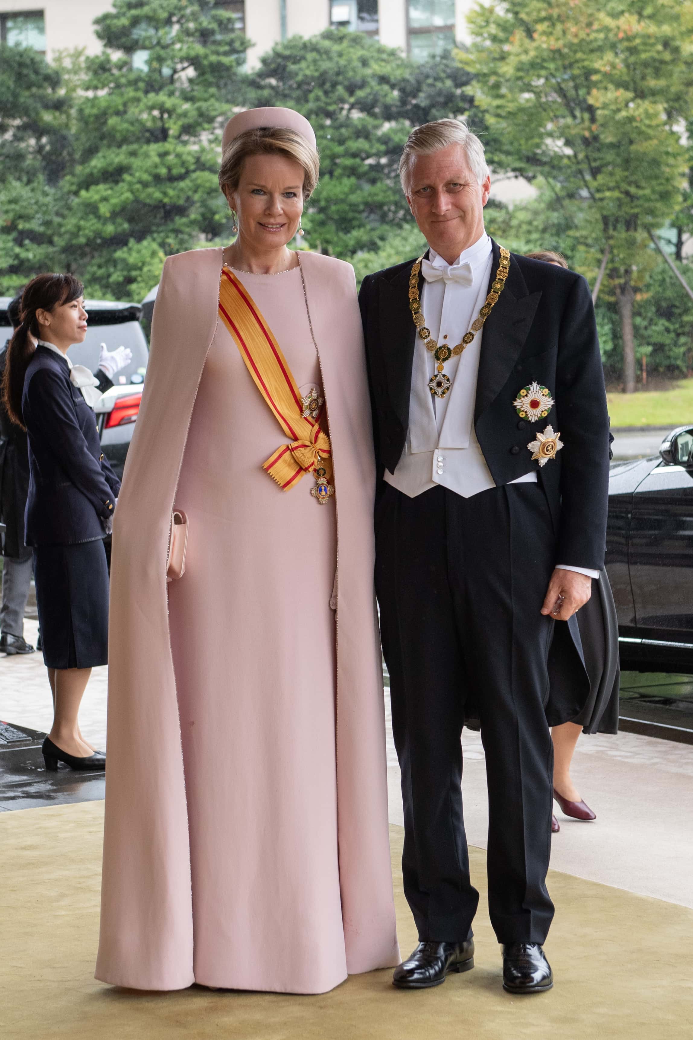 King Philippe of Belgium and Queen Mathilde of Belgium arrive to attend the Enthronement Ceremony Of Emperor Naruhito of Japan at the Imperial Palace on October 22, 2019 in Tokyo, Japan.