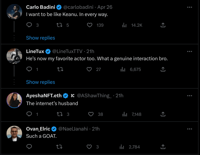 Keanu Reeves wins hearts and fans don't miss an opportunity to call him the best human and actor (IGN/Twitter)