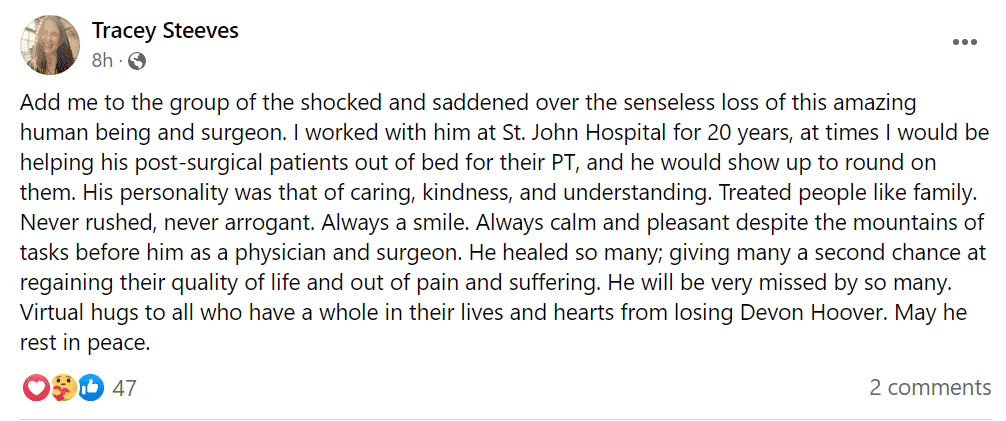 One of Hoover's colleagues, Tracey Steeves remembered him in an emotional post (Facebook)