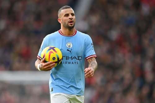 Kyle Walker of Manchester City in action during the Premier League match between Manchester United and Manchester City at Old Trafford on January 14, 2023 in Manchester, England.