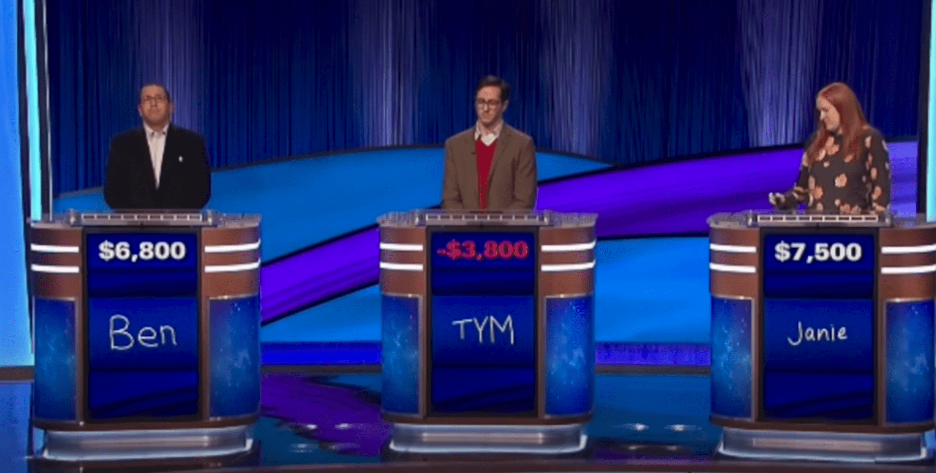 Tym Blanchard was embarrassed before his fellow contestants Ben Goldstein and Janie Sullivan (JEOPARDY!)
