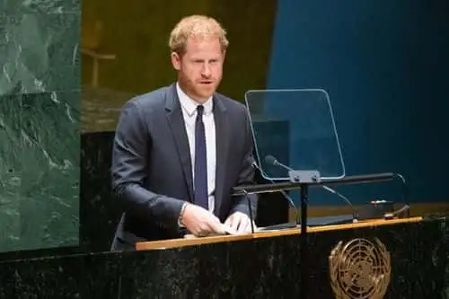 Prince Harry, Duke of Sussex, speaks at the United Nations General Assembly on Nelson Mandela International Day at U.N. headquarters on July 18, 2022 in New York City. Nelson Mandela International Day was officially declared by the United Nations in November of 2009 and was first celebrated on July 18, 2010. The 2020 U.N. Nelson Mandela Prize is being awarded to Mrs. Marianna Vardinogiannis of Greece and Dr. Morissanda Kouyaté of Guinea.