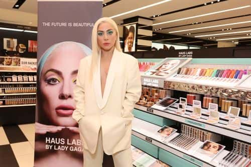 In this image released on June 16, 2022,  Founder Lady Gaga makes a surprise appearance to celebrate the Launch of Haus Labs by Lady Gaga at Sephora Westfield Century City store in front the Haus Labs gondola on June 16, 2022 in Los Angeles, California.