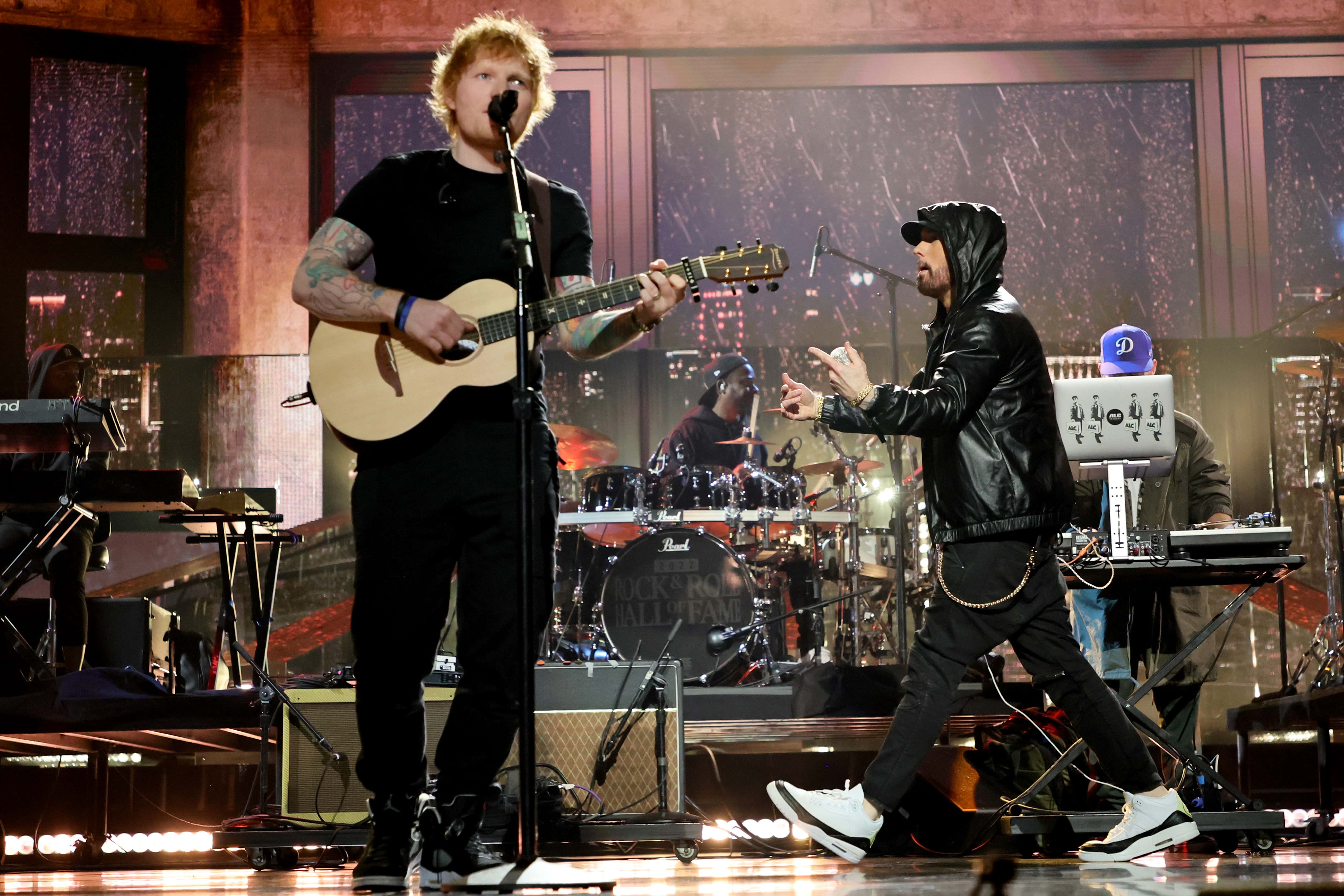 Ed Sheeran and inductee Eminem perform onstage during the 37th Annual Rock & Roll Hall of Fame Induction Ceremony at Microsoft Theater on November 05, 2022 in Los Angeles, California.