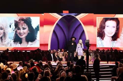 (L-R) Co-hosts Garth Brooks and Dolly Parton speak onstage during the 58th Academy Of Country Music Awards at The Ford Center at The Star on May 11, 2023 in Frisco, Texas.