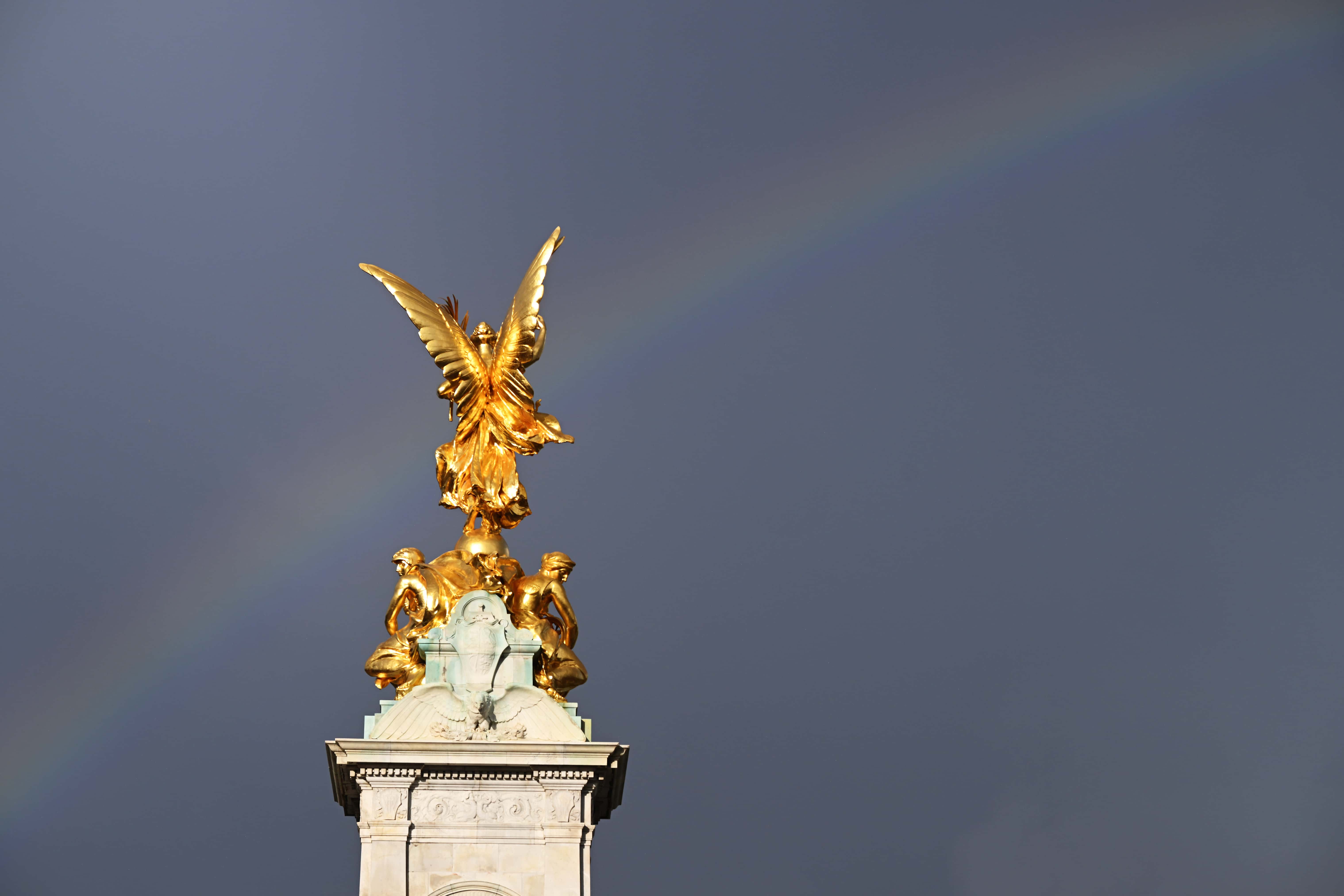 A rainbow is seen behind the Victoria Memorial in front of Buckingham Palace following the death today of Queen Elizabeth II in Balmoral, on September 8, 2022 in London, England.  Elizabeth Alexandra Mary Windsor was born in Bruton Street, Mayfair, London on 21 April 1926. She married Prince Philip in 1947 and acceded the throne of the United Kingdom and Commonwealth on 6 February 1952 after the death of her Father, King George VI. Queen Elizabeth II died at Balmoral Castle in Scotland on September 8, 2022, and is survived by her four children, Charles, Prince of Wales, Anne, Princess Royal, Andrew, Duke Of York and Edward, Duke of Wessex.