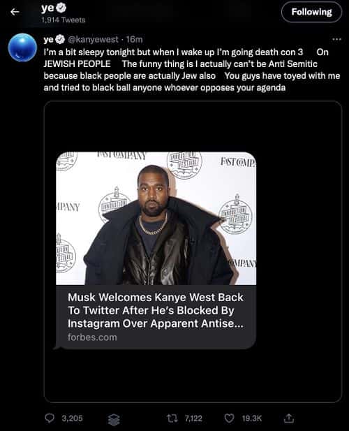 Kanye West's anti-semantic post has now been removed (Ye/Twitter)