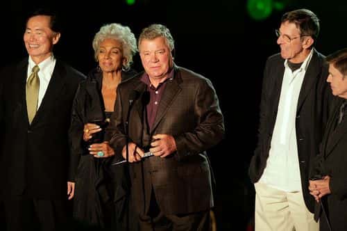 Actors George Takei, Nichelle Nichols, William Shatner, Leonard Nimoy and Walter Koenig with the 25th Anniversary Reunion for Star Trek 2 The Wrath of Khan onstage during Spike TV's