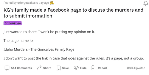 A reddit user shared the information about a Facebook allegedly created by Kaylee Goncalves' family (@u/forgetcakes/Reddit)