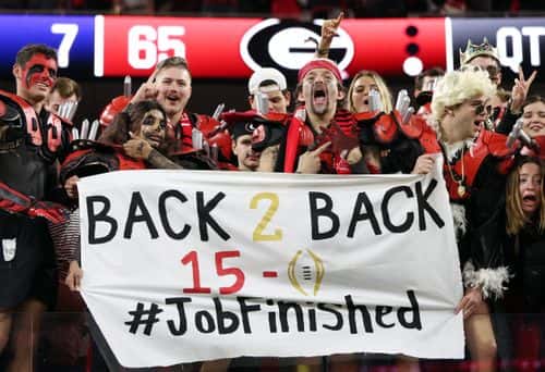 Georgia Bulldogs fans celebrate after defeating the TCU Horned Frogs in the College Football Playoff National Championship game at SoFi Stadium on January 09, 2023 in Inglewood, California. Georgia defeated TCU 65-7.