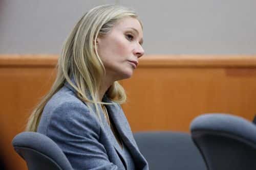 Actress Gwyneth Paltrow sits in court on March 23, 2023, in Park City, Utah. Terry Sanderson is suing actress Gwyneth Paltrow for $300,000, claiming she recklessly crashed into him while the two were skiing on a beginner run at Deer Valley Resort in Park City, Utah in 2016.