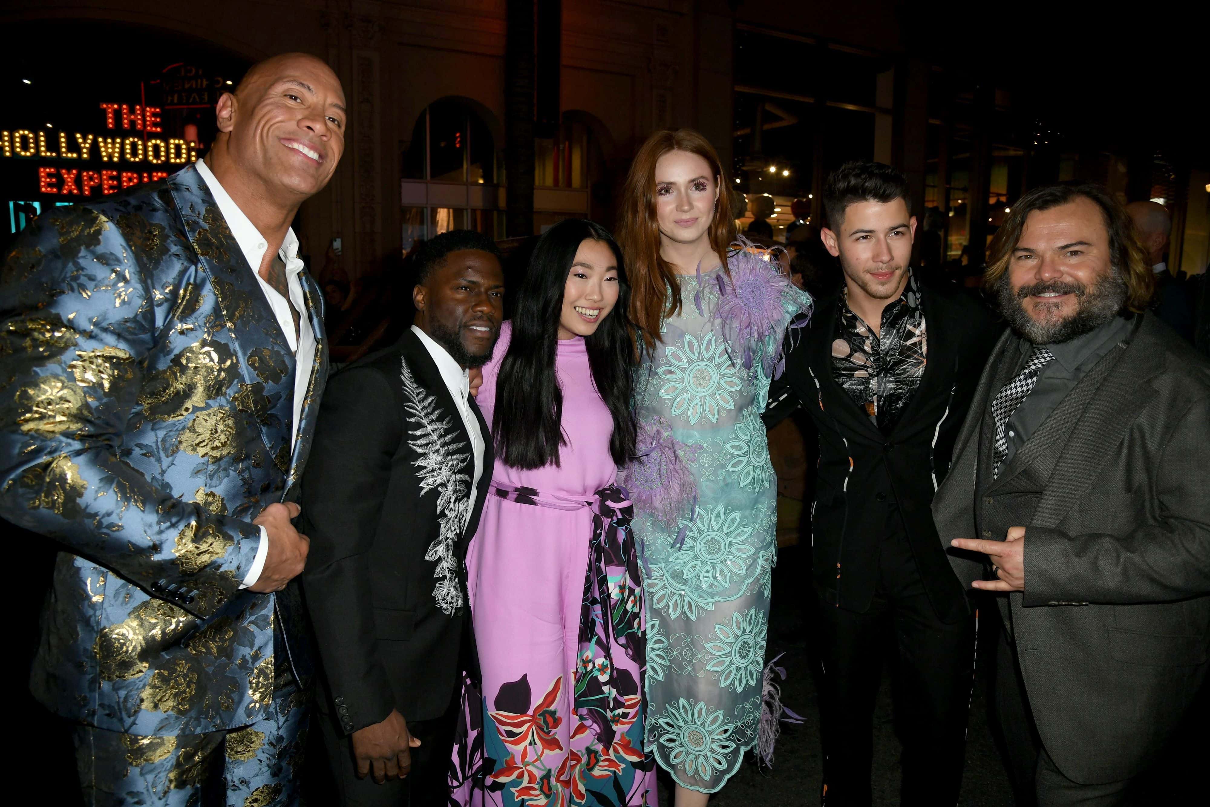 (L-R) Dwayne Johnson, Kevin Hart, Awkwafina, Karen Gillan, Nick Jonas, and Jack Black attends the premiere of Sony Pictures' 