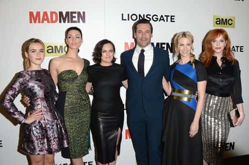 (L-R) Actors Kiernan Shipka, Jessica Pare, Elisabeth Moss, Jon Hamm, January Jones and Christina Hendricks attend the AMC celebration of the 