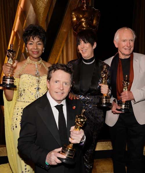 (L-R) Euzhan Palcy, Michael J. Fox, Diane Warren, and Peter Weir pose with their awards during the Academy of Motion Picture Arts and Sciences 13th Governors Awards at Fairmont Century Plaza on November 19, 2022 in Los Angeles, California.