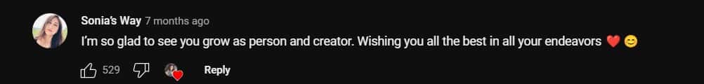 User Sonia's Way applauded how Pokimane is growing and improving herself (Pokimane/YouTube)