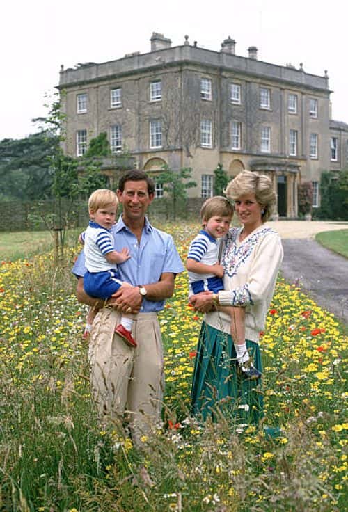Prince Charles, Prince of Wales and Diana, Princess of Wales pose with their sons Prince William and Prince Harry in the wild flower meadow at Highgrove on July 14, 1986 in Tetbury, England. (Photo by Tim Graham Photo Library via Getty Images)