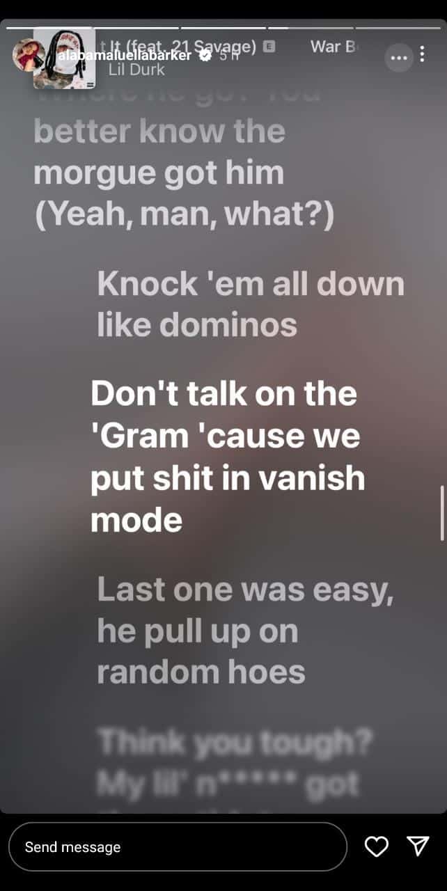 Alabama Barker posts lyrics of a song (@alabamaluellabarker/Instagram) 