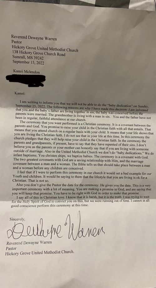 The letter from Rev. Dewayne Warren informed Kamri Mclendon and her husband that the church will not baptize their baby (Photo credit Kamri Mclendon / Facebook)