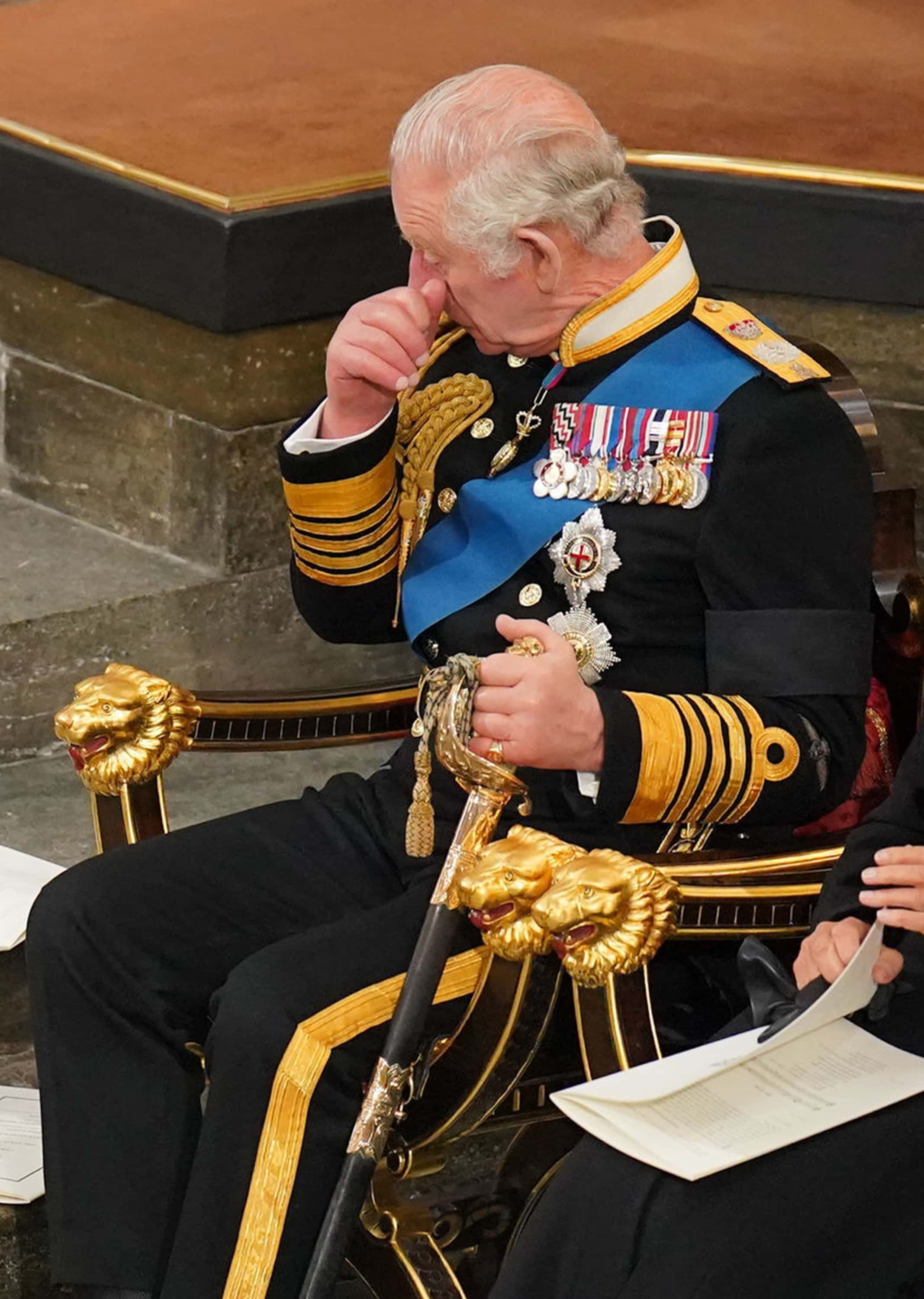 King Charles III reacts during the State Funeral of Queen Elizabeth II at Westminster Abbey on September 19, 2022 in London, England.  Elizabeth Alexandra Mary Windsor was born in Bruton Street, Mayfair, London on 21 April 1926. She married Prince Philip in 1947 and ascended the throne of the United Kingdom and Commonwealth on 6 February 1952 after the death of her Father, King George VI. Queen Elizabeth II died at Balmoral Castle in Scotland on September 8, 2022, and is succeeded by her eldest son, King Charles III.