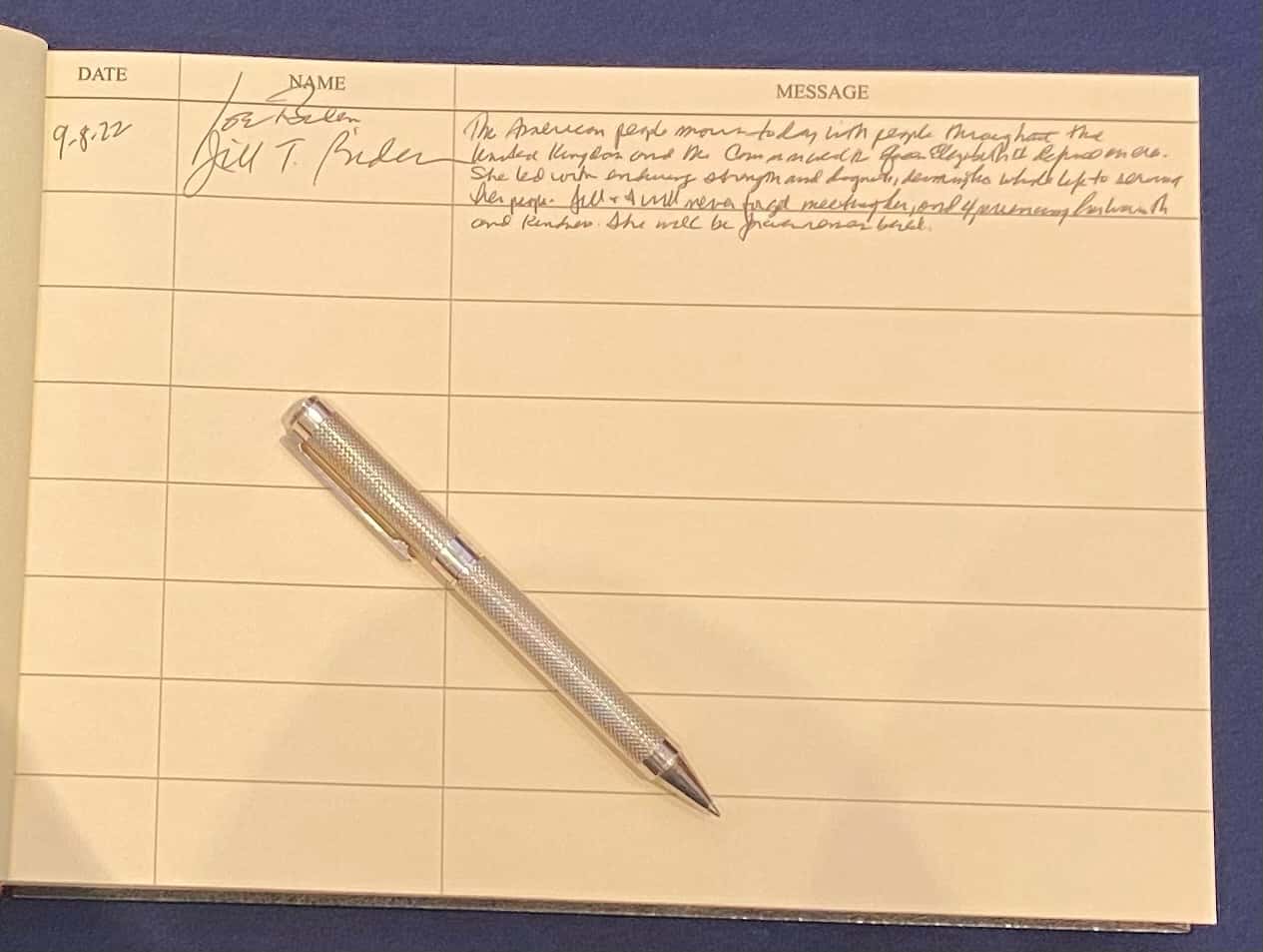 In this handout photo released by the White House, US President Joe Biden and first lady Dr. Jill Biden sign a condolence book during their visit to the British Embassy on September 8, 2022 in Washington, DC. BIden arrived at the embassy to pay his respects following the passing of Queen Elizabeth II at 96, ordering all American flags to be flown at half staff in her memory. (Photo by White House via Getty Images)