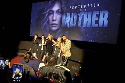 (L-R) Elaine Goldsmith-Thomas, Niki Caro, Jennifer Lopez, Lucy Paez, and Omari Hardwick speak during Netflix's The Mother Fan Screening at The Paris Theatre on May 04, 2023 in New York City.