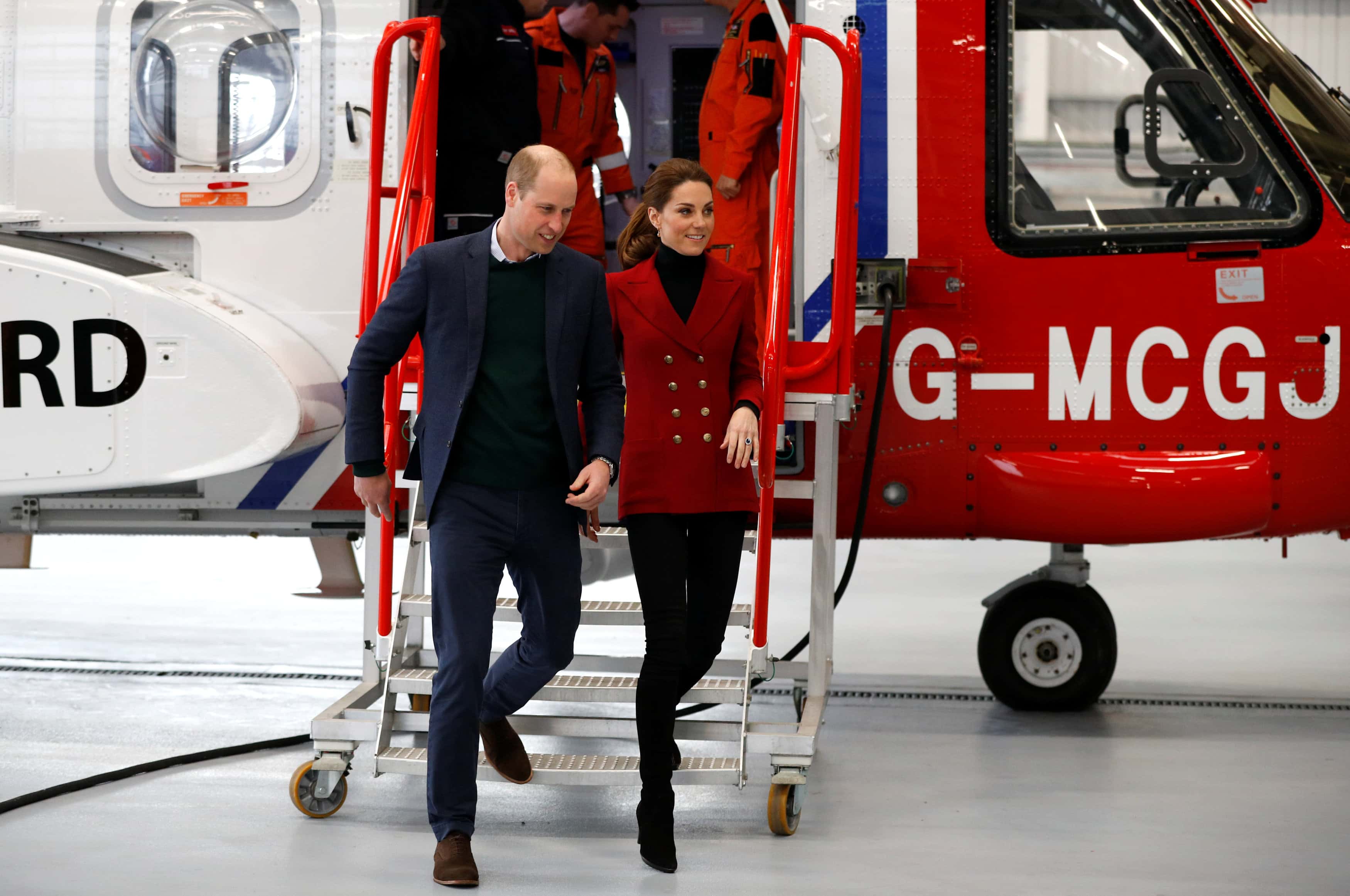 Prince William, Duke of Cambridge and Catherine, Duchess of Cambridge visit Caernarfon coastguard search and rescue helicopter base on May 08, 2019 in Various Cities, United Kingdom.