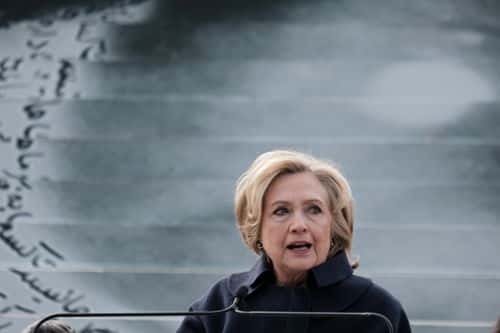 Former U.S. Secretary of State Hillary Clinton speaks at the opening of the Eyes on Iran art exhibition at Roosevelt Island's FDR Four Freedoms State Park on November 28, 2022 in New York City. The exhibition includes numerous installations in support of the Woman, Life, Freedom campaign against gender-based violence in Iran. (Photo by Spencer Platt/Getty Images)