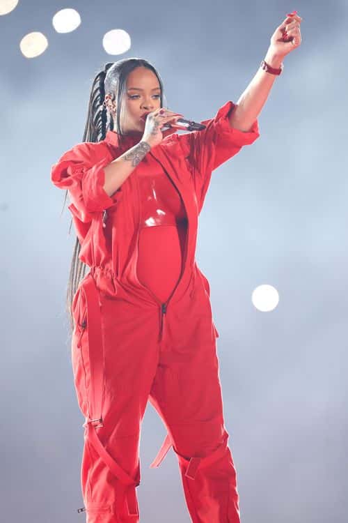Rihanna performs onstage during the Apple Music Super Bowl LVII Halftime Show at State Farm Stadium on February 12, 2023 in Glendale, Arizona. (Photo by Gregory Shamus/Getty Images)