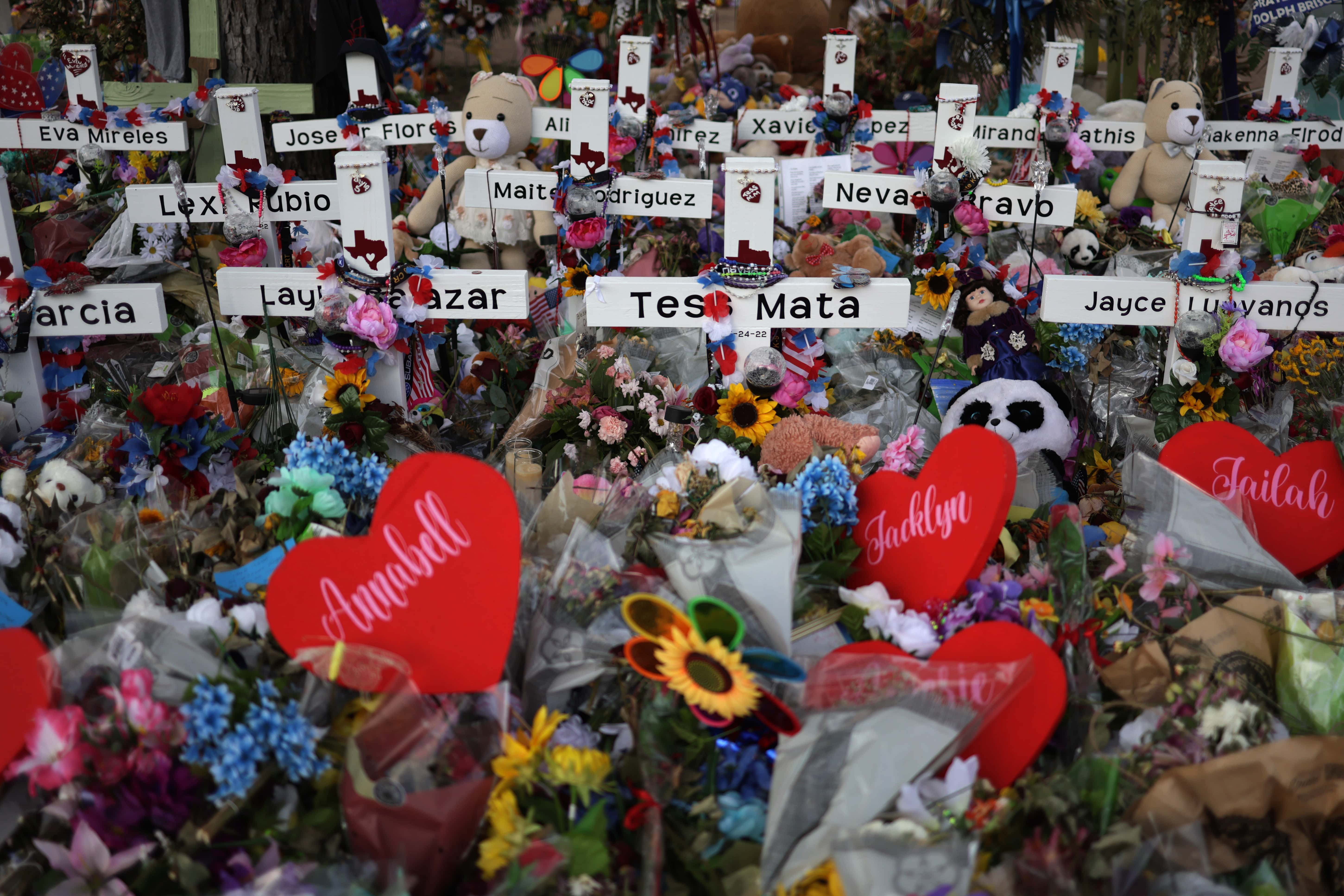 Wooden crosses are placed at a memorial dedicated to the victims of the mass shooting at Robb Elementary School on June 3, 2022 in Uvalde, Texas. 19 students and two teachers were killed on May 24 after an 18-year-old gunman opened fire inside the school. Wakes and funerals for the 21 victims are scheduled throughout the week.