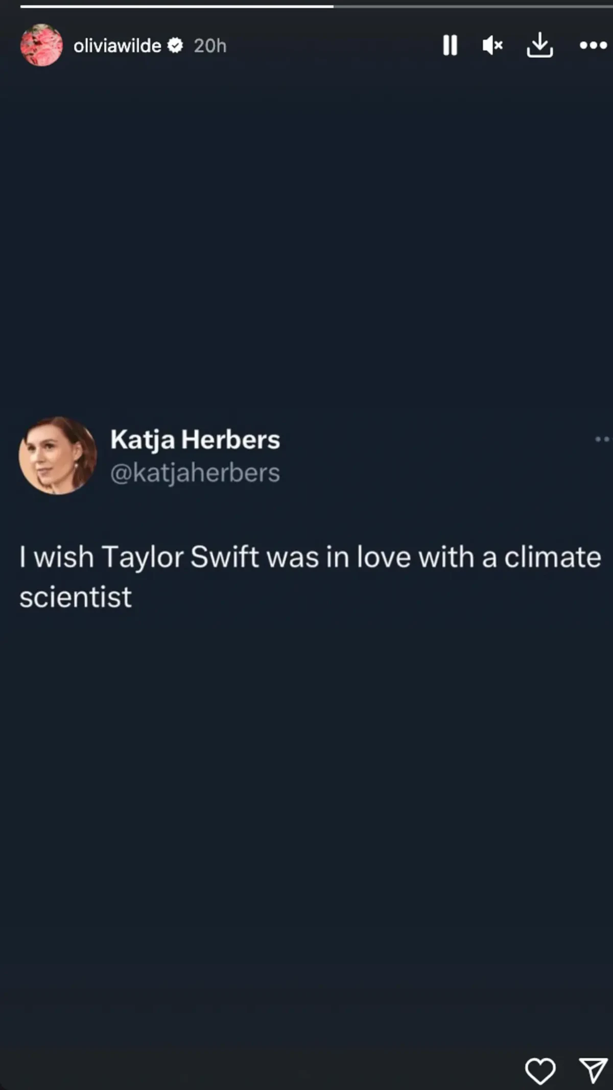 Wilde reposted a Tweet to her Instagram Thursday that read, “I wish Taylor Swift was in love with a climate scientist.”
(Instagram/@oliviawilde)