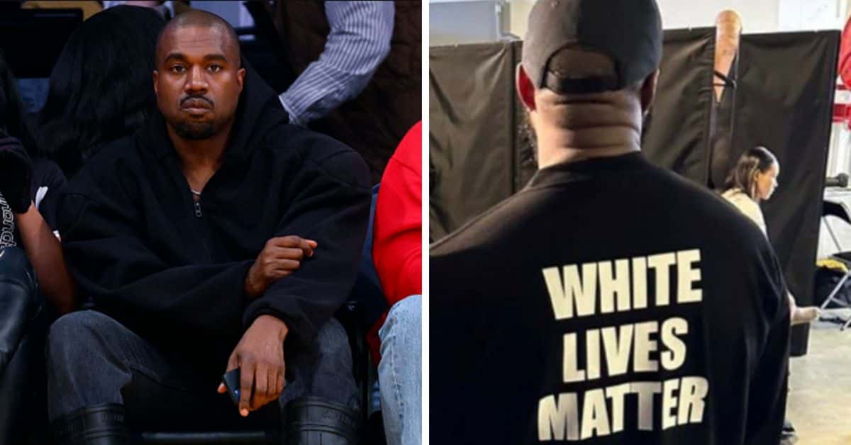 The disgraced rapper can’t sell his “White Lives Matter” shirts... because two Black men own the trademark.
(Photo by Ronald Martinez/Getty Images and RapTV/ Twitter)