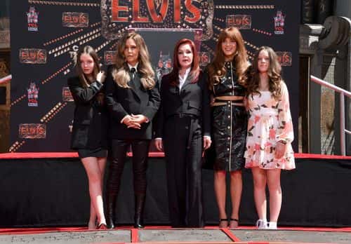 (L-R) Harper Vivienne Ann Lockwood, Lisa Marie Presley, Priscilla Presley, Riley Keough, and Finley Aaron Love Lockwood attend the Handprint Ceremony honoring Priscilla Presley, Lisa Marie Presley And Riley Keough at TCL Chinese Theatre on June 21, 2022 in Hollywood, California.