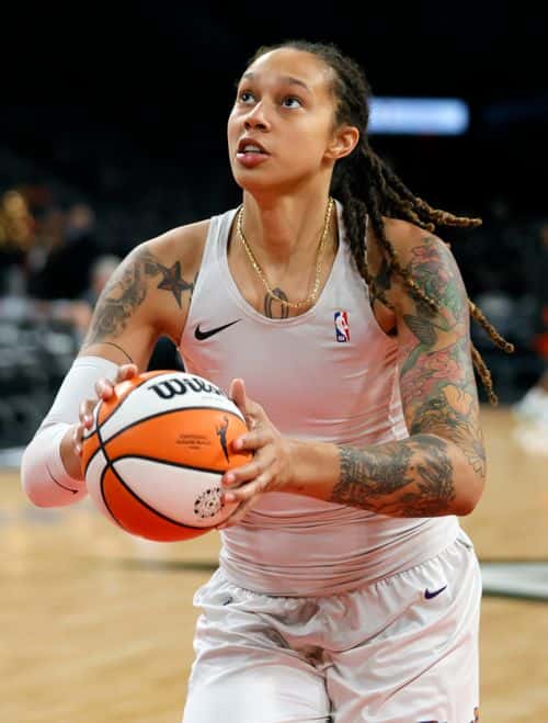 Brittney Griner #42 of the Phoenix Mercury warms up before Game Five of the 2021 WNBA Playoffs semifinals against the Las Vegas Aces at Michelob ULTRA Arena on October 8, 2021 in Las Vegas, Nevada. NOTE TO USER: User expressly acknowledges and agrees that, by downloading and or using this photograph, User is consenting to the terms and conditions of the Getty Images License Agreement. (Photo by Ethan Miller/Getty Images)