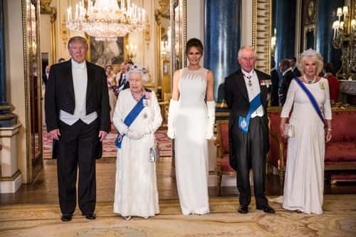 (L-R) U.S. President Donald Trump, Queen Elizabeth II, First Lady Melania Trump, Prince Charles Prince of Wales and Camilla Duchess of Cornwall attend a State Banquet at Buckingham Palace on June 3, 2019 in London, England. President Trump's three-day state visit will include lunch with the Queen, and a State Banquet at Buckingham Palace, as well as business meetings with the Prime Minister and the Duke of York, before travelling to Portsmouth to mark the 75th anniversary of the D-Day landings.