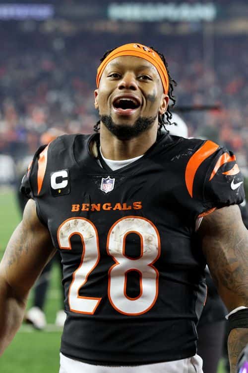 Running back Joe Mixon #28 of the Cincinnati Bengals celebrates the Bengals 26-19 win over the Las Vegas Raiders during the AFC Wild Card playoff game at Paul Brown Stadium on January 15, 2022 in Cincinnati, Ohio.