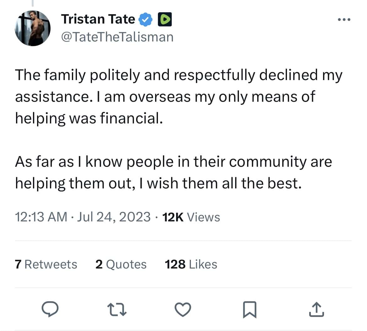 Tristan Tate's Tweet 