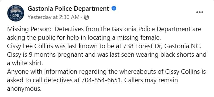 Police report (Gastonia Police Department/Facebook)
