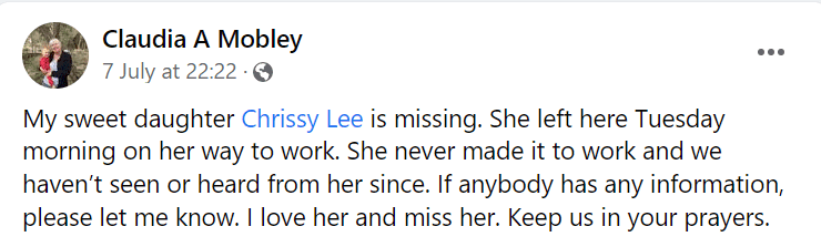 Image: Claudia A Mobley/Facebook