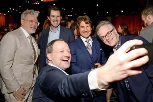 (L-R) Christopher McQuarrie, Joseph Kosinski, guest, Tom Cruise, and Eddie Hamilton attend the 95th Annual Oscars Nominees Luncheon at The Beverly Hilton on February 13, 2023 in Beverly Hills, California.