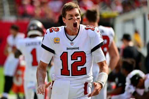 Tom Brady #12 of the Tampa Bay Buccaneers reacts on the sideline during the second half in the game against the Atlanta Falcons at Raymond James Stadium on October 09, 2022 in Tampa, Florida.