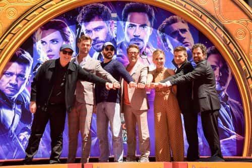 President of Marvel Studios/Producer Kevin Feige, Chris Hemsworth, Chris Evans, Robert Downey Jr., Scarlett Johansson, Mark Ruffalo, and Jeremy Renner attend the Marvel Studios' 'Avengers: Endgame' cast place their hand prints in cement at TCL Chinese Theatre IMAX Forecourt at TCL Chinese Theatre IMAX on April 23, 2019 in Hollywood, California.