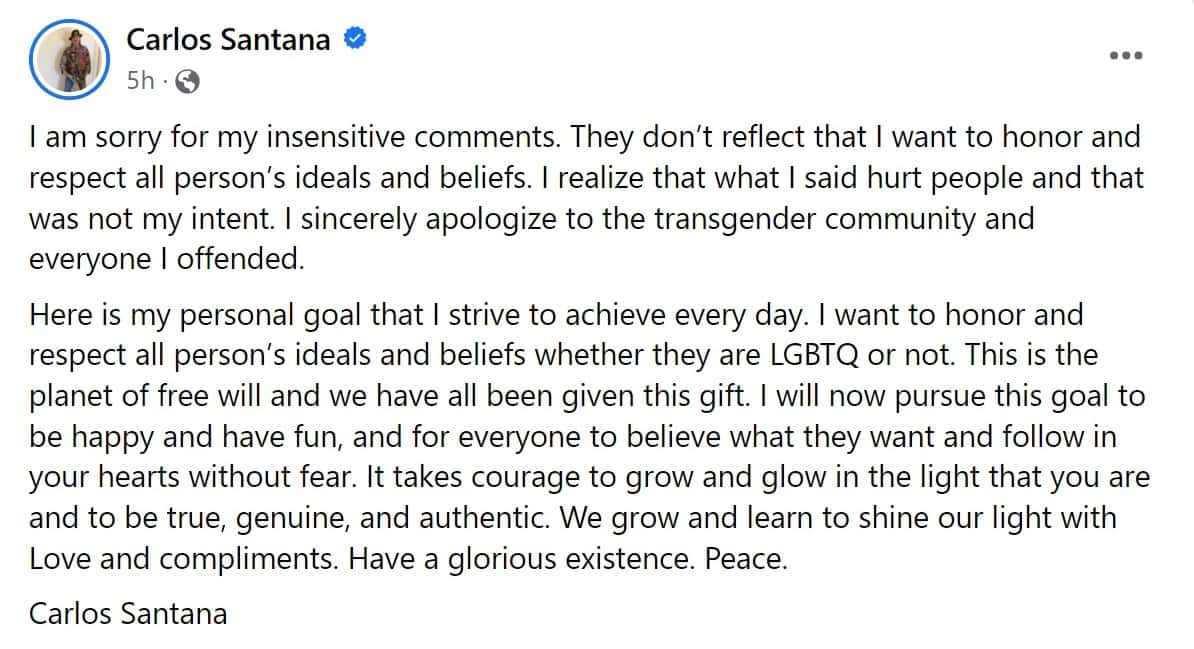 Carlos Santana issued an apology amid his 'anti-trans' rant (Facebook/@CarlosSantana)