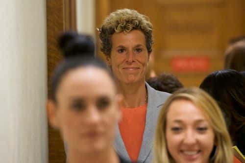 Bill Cosby accuser (C) Andrea Constand reacts after he was sentenced to 3-10 years in the assault retrial at the Montgomery County Courthouse on September 25, 2018 in Norristown, Pennsylvania.  In April, Cosby was found guilty on three counts of aggravated indecent assault for drugging and sexually assaulting Andrea Constand at his suburban Philadelphia home in 2004 and faces a maximum of 10 years in prison.  60 women have accused the 81 year old entertainer of sexual assault.