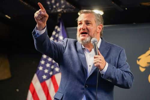 Sen. Ted Cruz (R-TX) gives a speech to Republican supporters during a rally outside the offices of Mark Alford, Republican Candidate for Missouri's 4th Congressional District on October 14, 2022 in Raymore, Missouri.