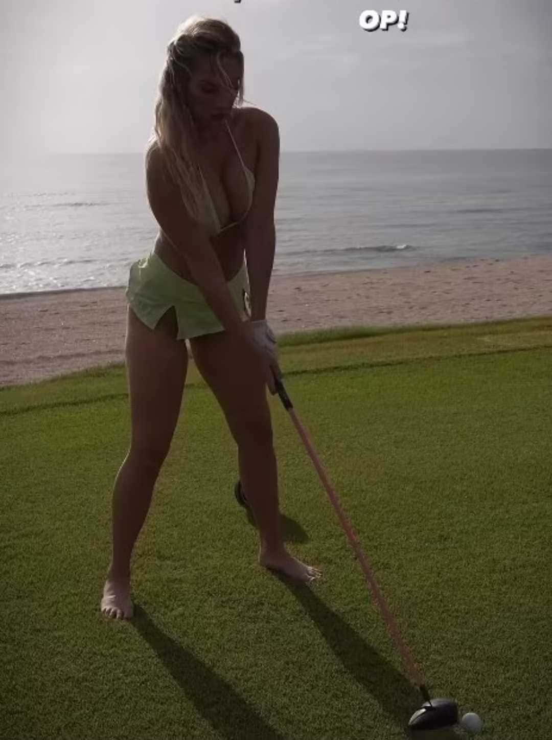 Paige Spiranac donned a pale green skirt and crop top while playing golf and posted a clip of it in her story (@paigespiranac/Instagram)