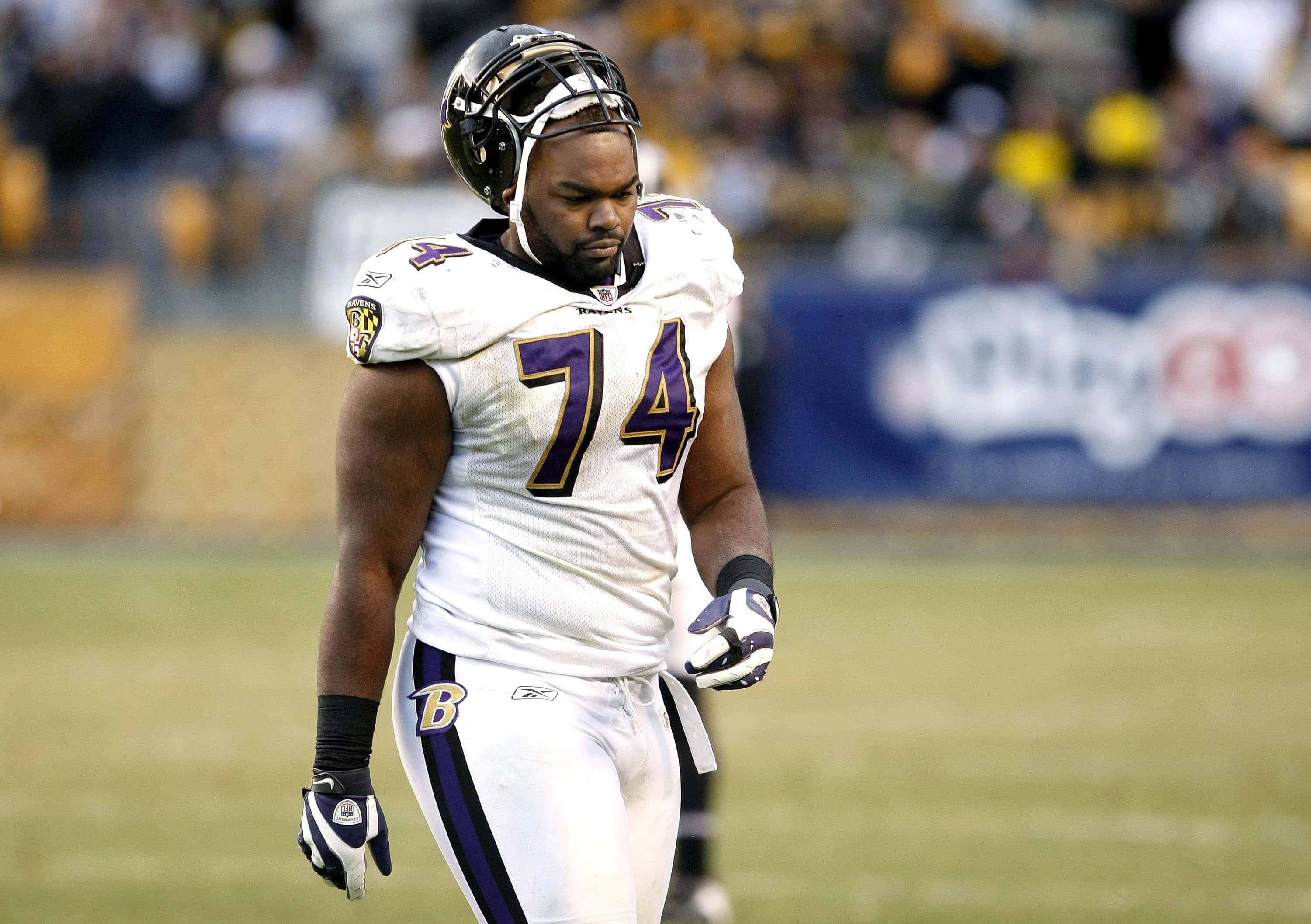 Michael Oher #74 of the Baltimore Ravens walks off the field during the final seconds of a 20-23 loss to the Pittsburgh Steelers on December 27, 2009 at Heinz Field in Pittsburgh, Pennsylvania.