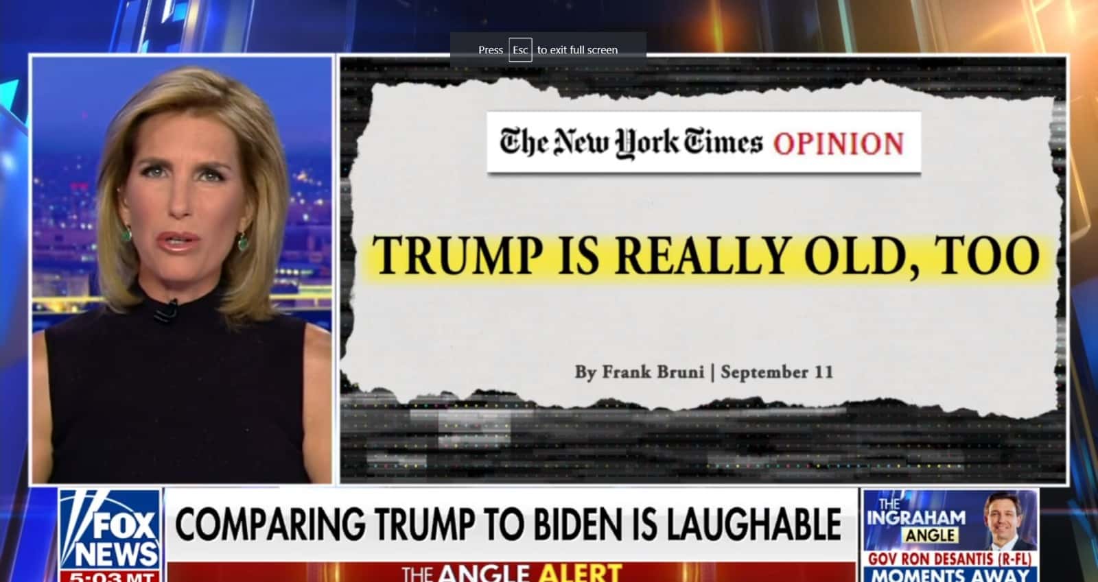 Laura Ingraham share NYT columinist Frank Brunie article which titled 'Trump is Really old, too