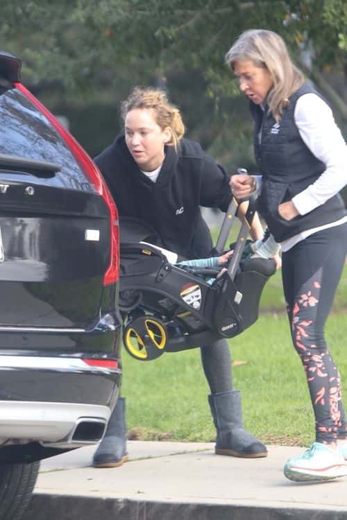 Jennifer Lawrence was accompanied by her mother as she went to the park with her son. (Backgrid)